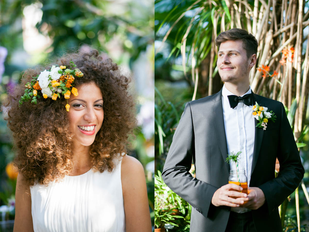 Collage: lachende Braut mit Blumen im Haar und Bräutigam mit Fliege und Drink