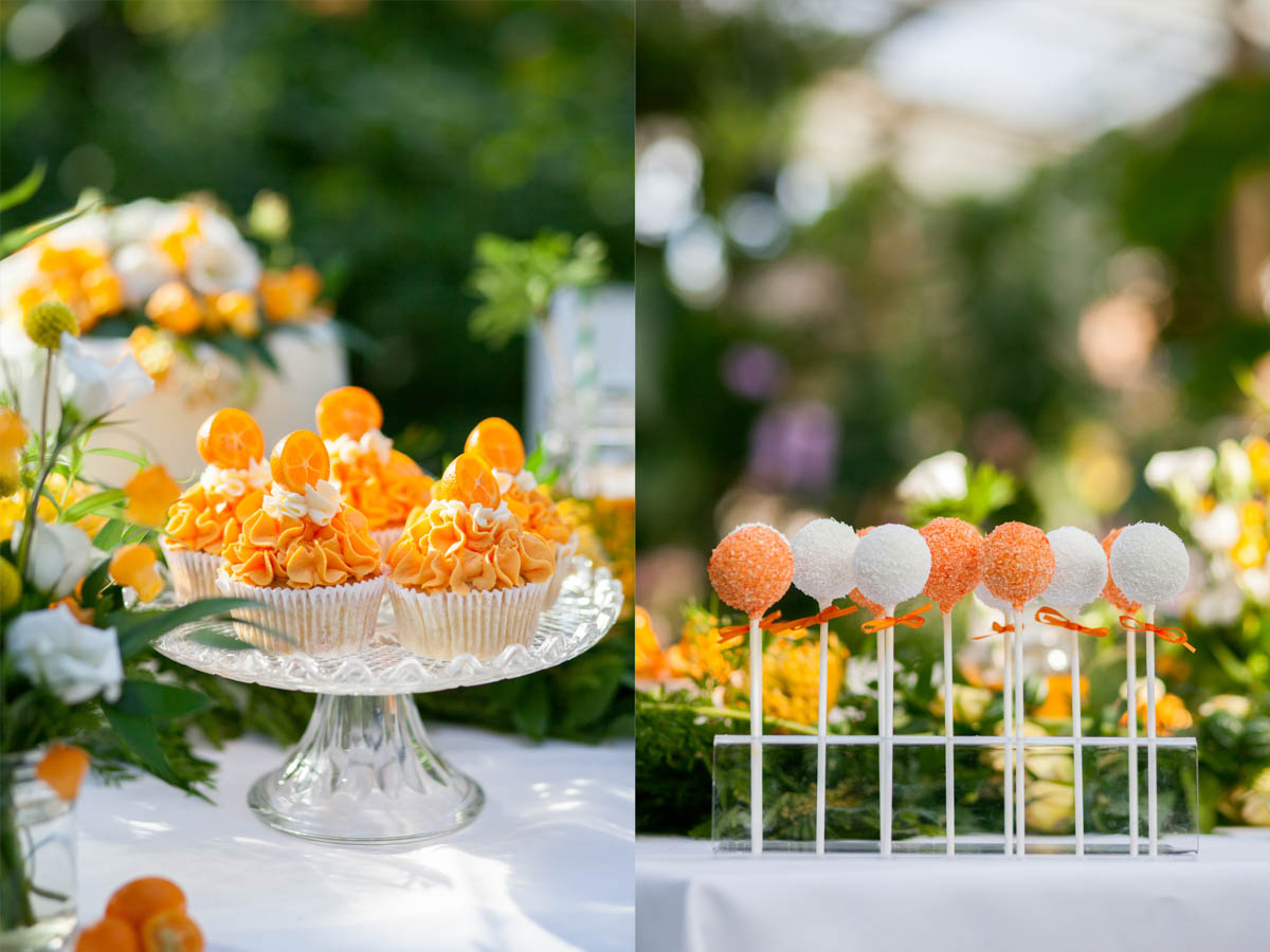Collage: Etagere mit orangefarbenen Cupcakes und Cake Pops in einem weißen Ständer
