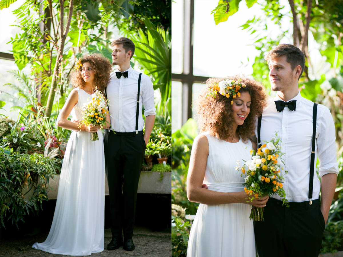 Collage: Brautpaar im Gewächshaus, Braut im fließenden weißen Kleid mit Strauß