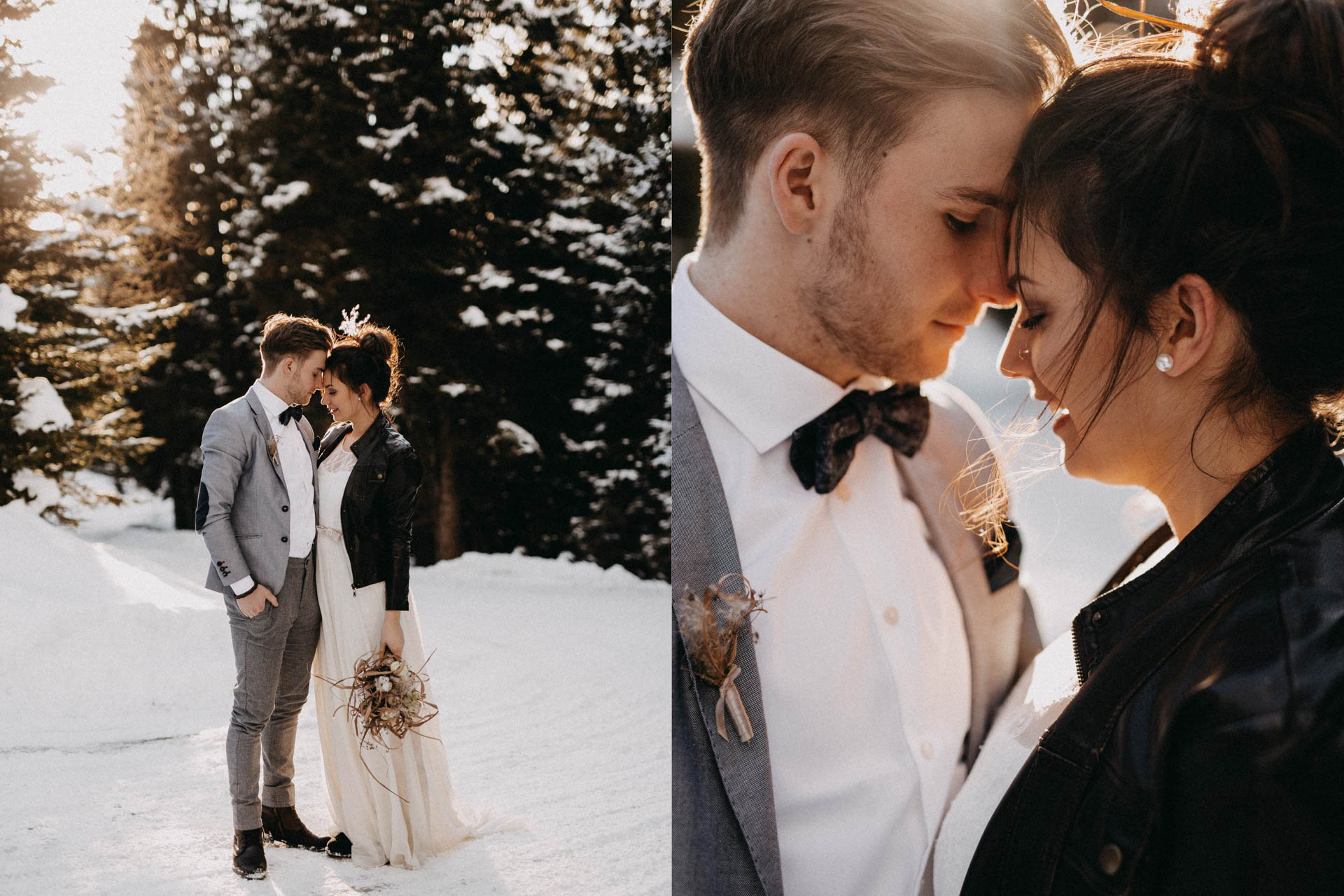 Brautpaar im Schnee mit Spitzen Brautkleid