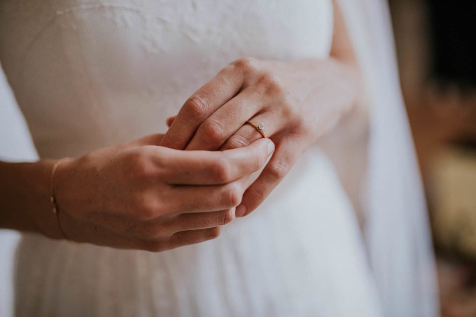 Detailaufnahme von den Brauthänden mit Ehering