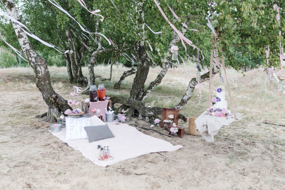 Hochzeits Picknick in den Boberger Dünen unter Birkenbäumen