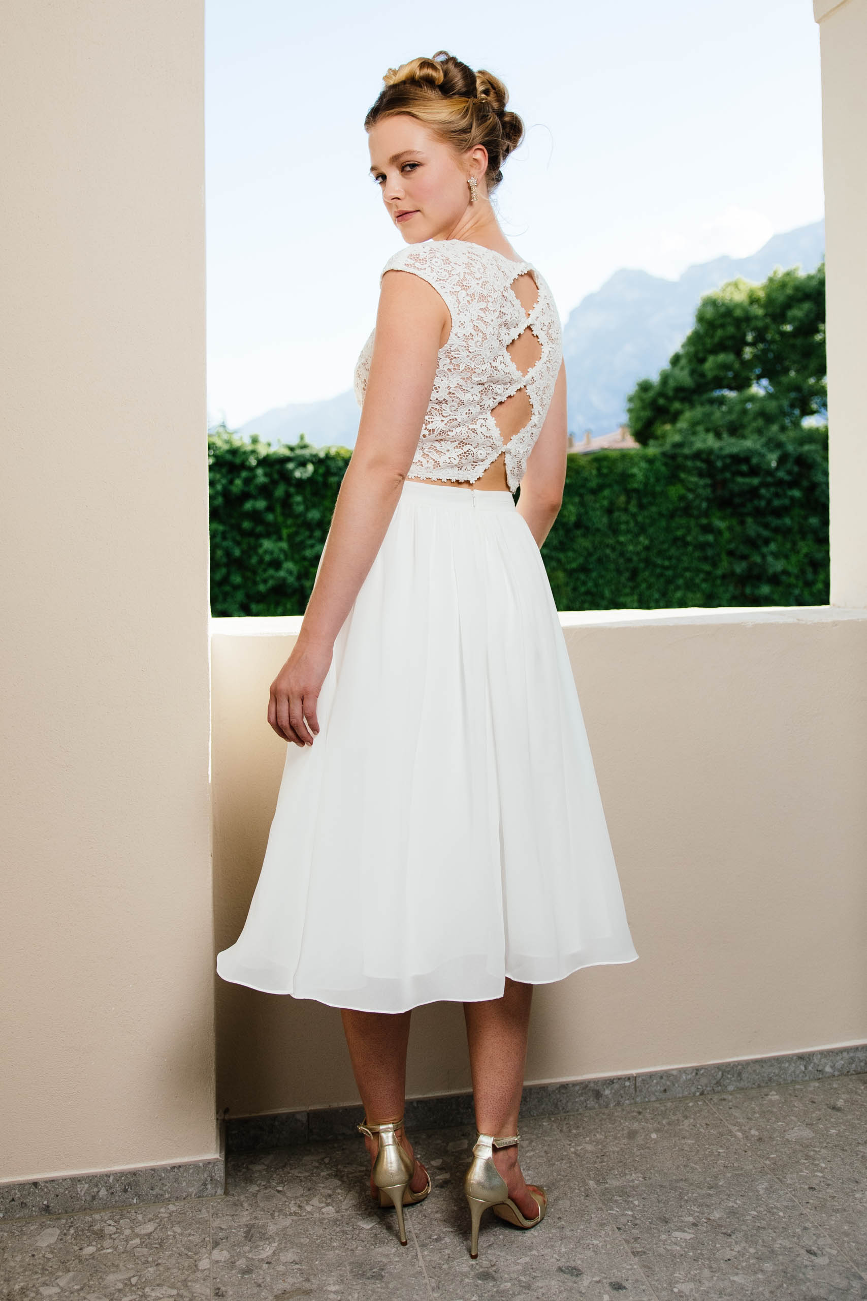 Standesamt Zweiteiler kurz | Chiffon-Rock mit Kurzarm Spitzenbolero