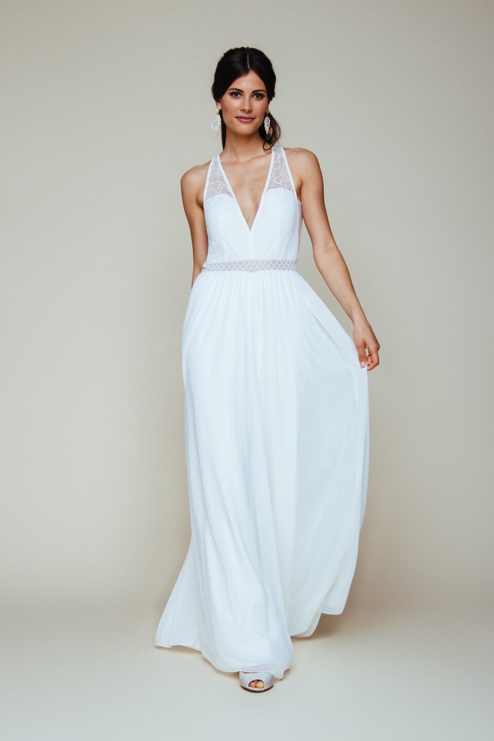 Boho Hochzeitsjumpsuit mit weitem Palazzo Bein
