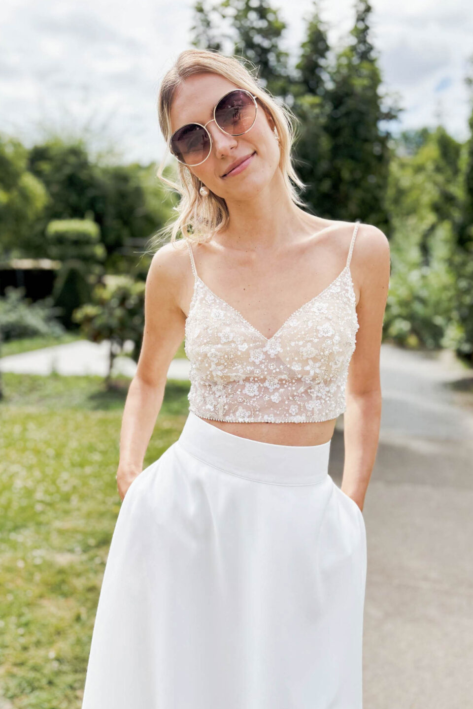 bauchfreier Brautkleid Zweiteiler mit Glitzer Brauttop